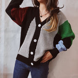 Cardigan décontracté en tricot à simple boutonnage, coutures asymétriques irrégulières et contrastées