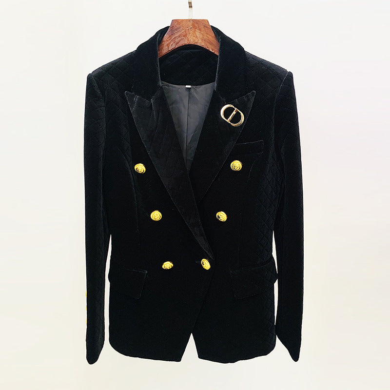 Metal Lion Buckle Plaid Blazer Coat