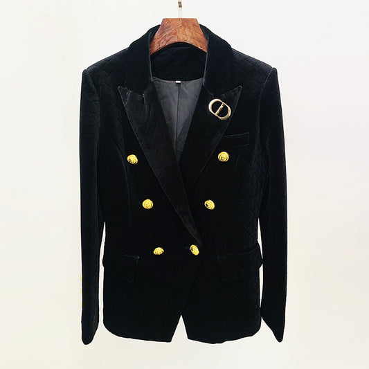 Metal Lion Buckle Plaid Blazer Coat
