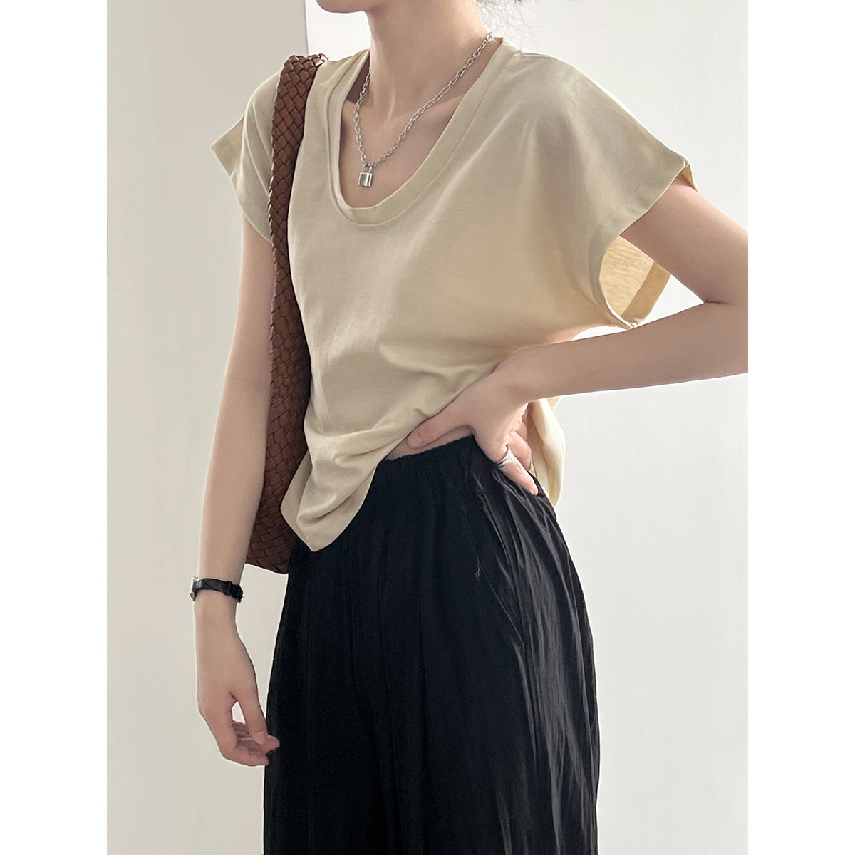 3D U-Neck Short Sleeve Wide-Sleeve Slimming T-Shirt for Women