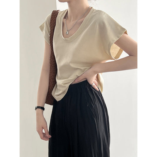 3D U-Neck Short Sleeve Wide-Sleeve Slimming T-Shirt for Women