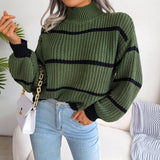 Gestreifter Rollkragen-Strickpullover mit Laternenärmeln für Damen
