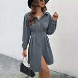 Dark Grey Long Sleeve Solid Color Shirt Dress