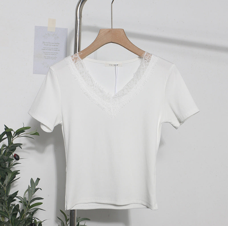 Romantic Lace V-Neck Sexy Slim Fit Short Sleeve Top