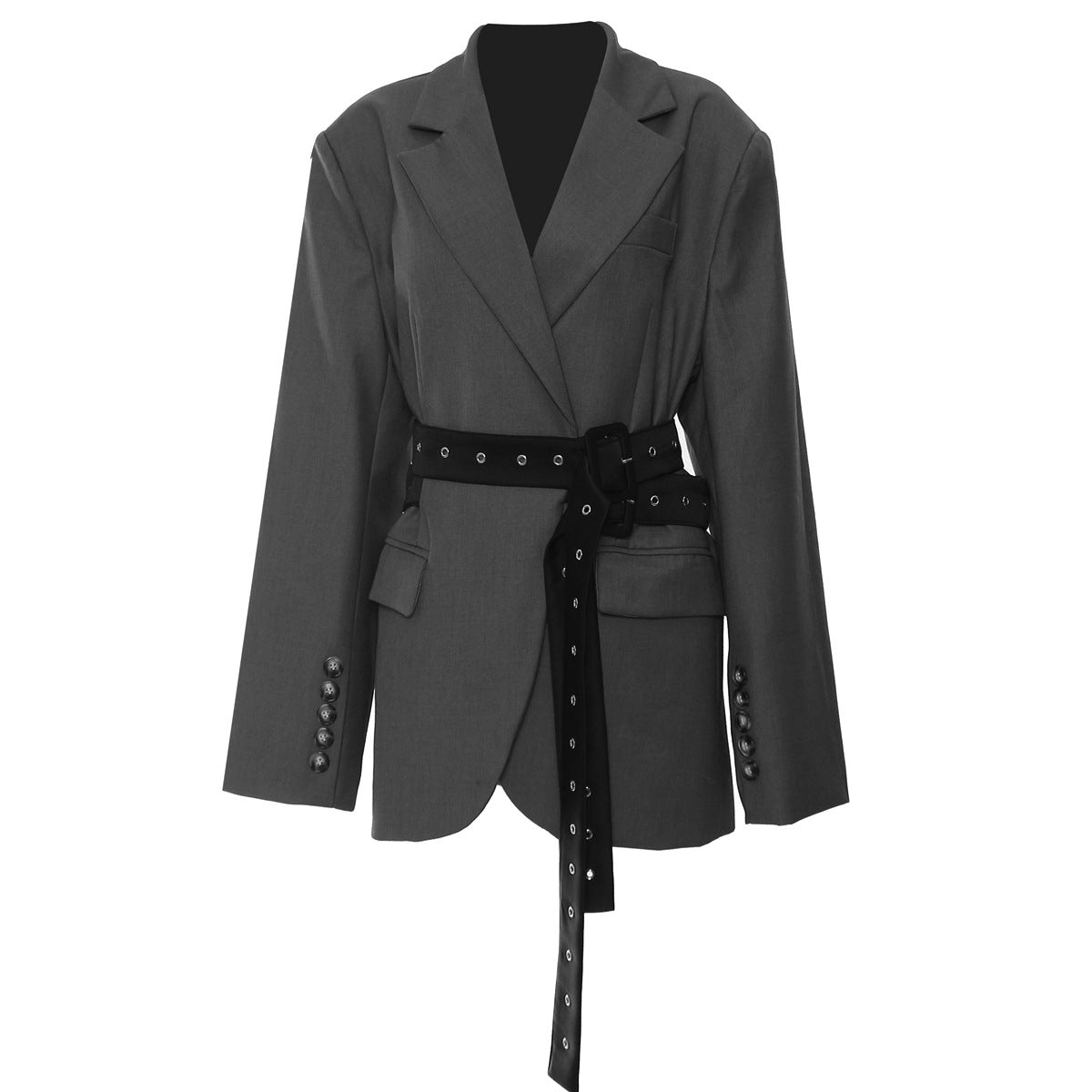 Double Belt Asymmetric Long Blazer Top