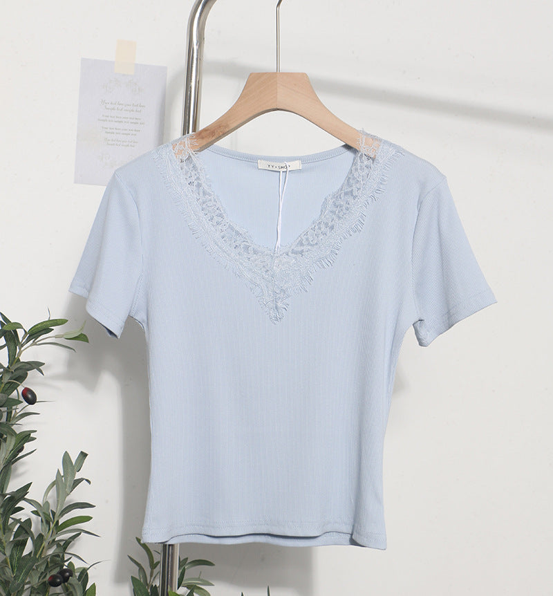 Romantic Lace V-Neck Sexy Slim Fit Short Sleeve Top