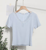 Romantic Lace V-Neck Sexy Slim Fit Short Sleeve Top