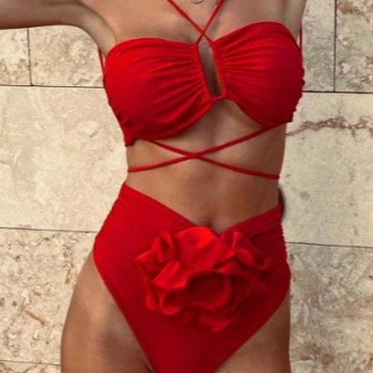Bikini-Badeanzug mit 3D-Blumenmuster und hoher Taille