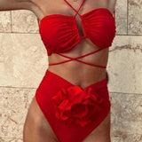Bikini-Badeanzug mit 3D-Blumenmuster und hoher Taille