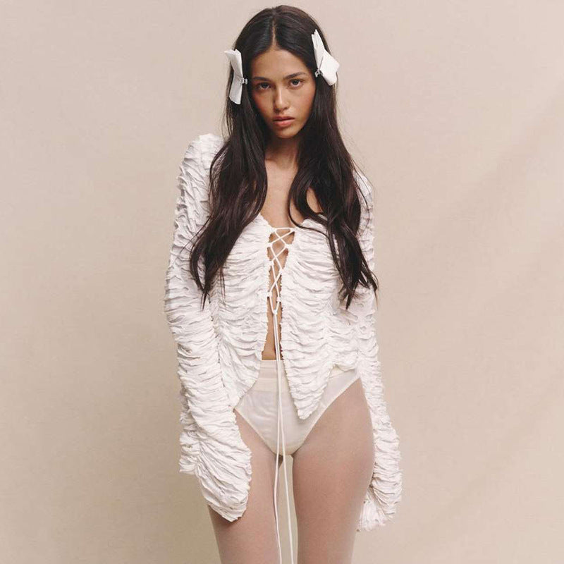 White Cutout Lace-Up Long Sleeve Cardigan for Women
