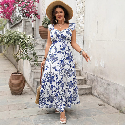 Plus Size Floral Tropical Waist Trimming Maxi Dress