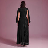 Sequin V-Neck Split Long Sleeve Prom Evening Dress