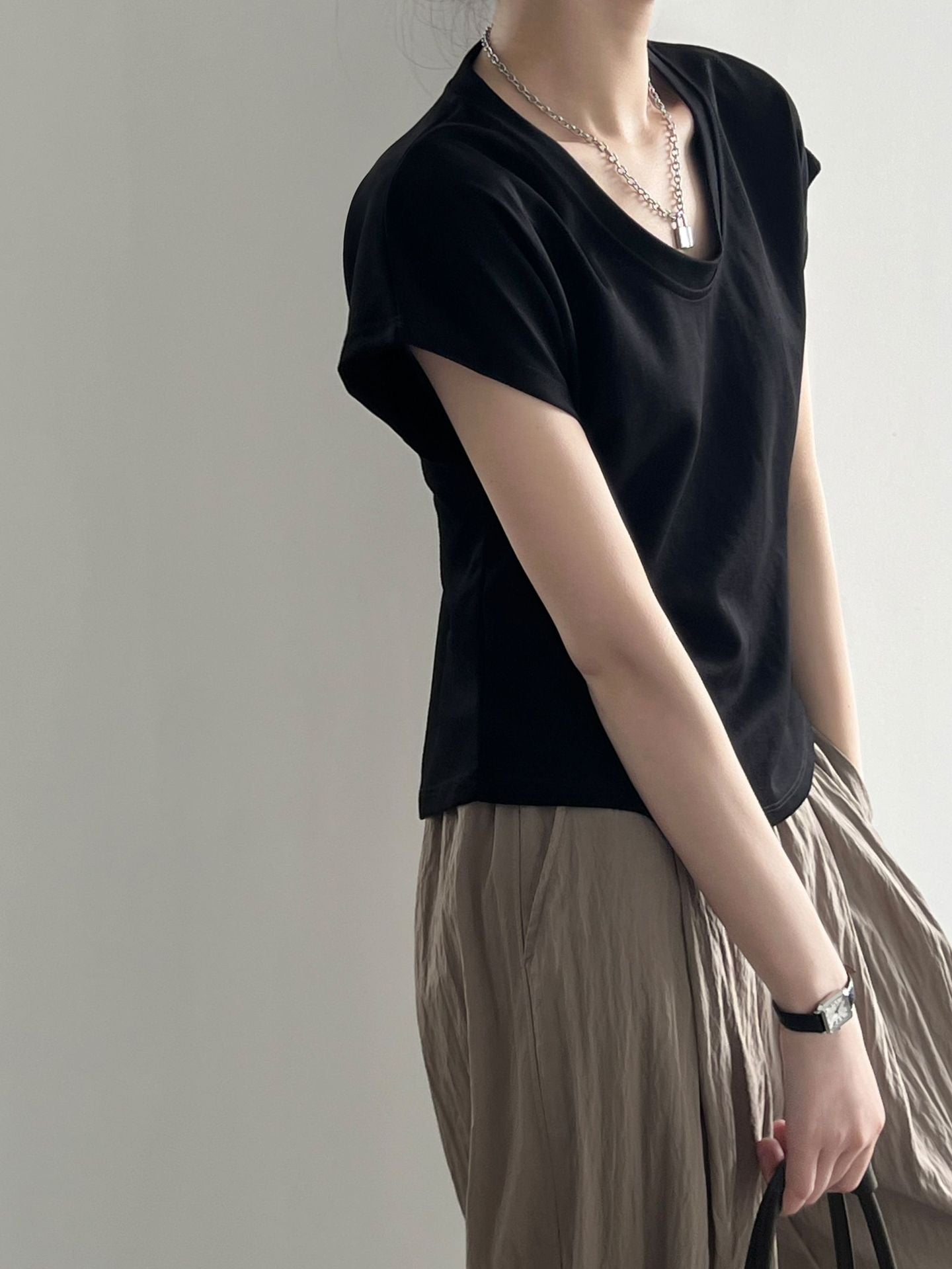 3D U-Neck Short Sleeve Wide-Sleeve Slimming T-Shirt for Women