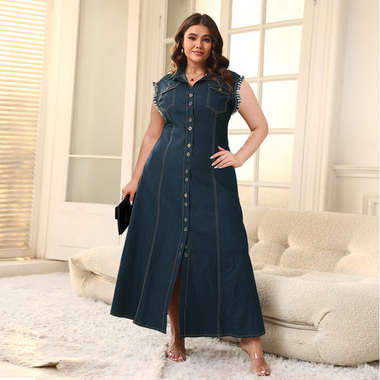 Plus Size Denim Button Cardigan Maxi Dress