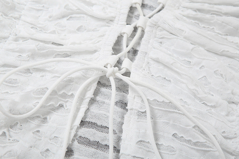White Cutout Lace-Up Long Sleeve Cardigan for Women