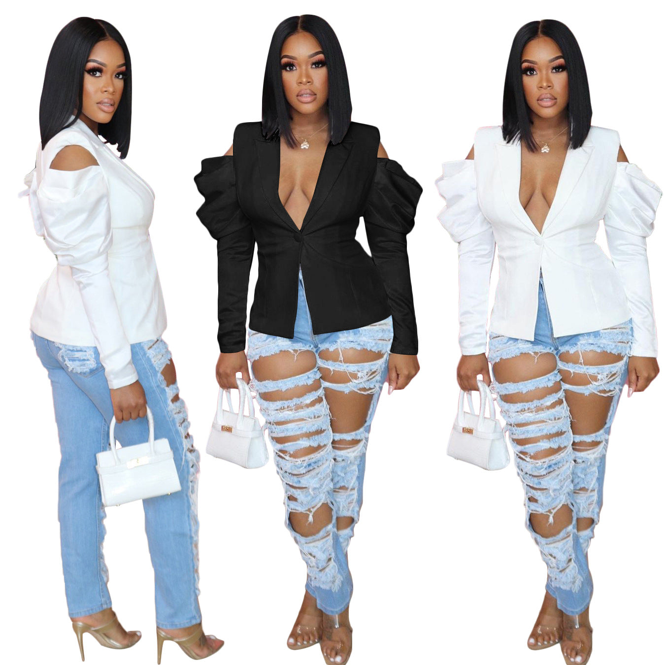 Off-Shoulder Bubble Long Sleeve Blazer