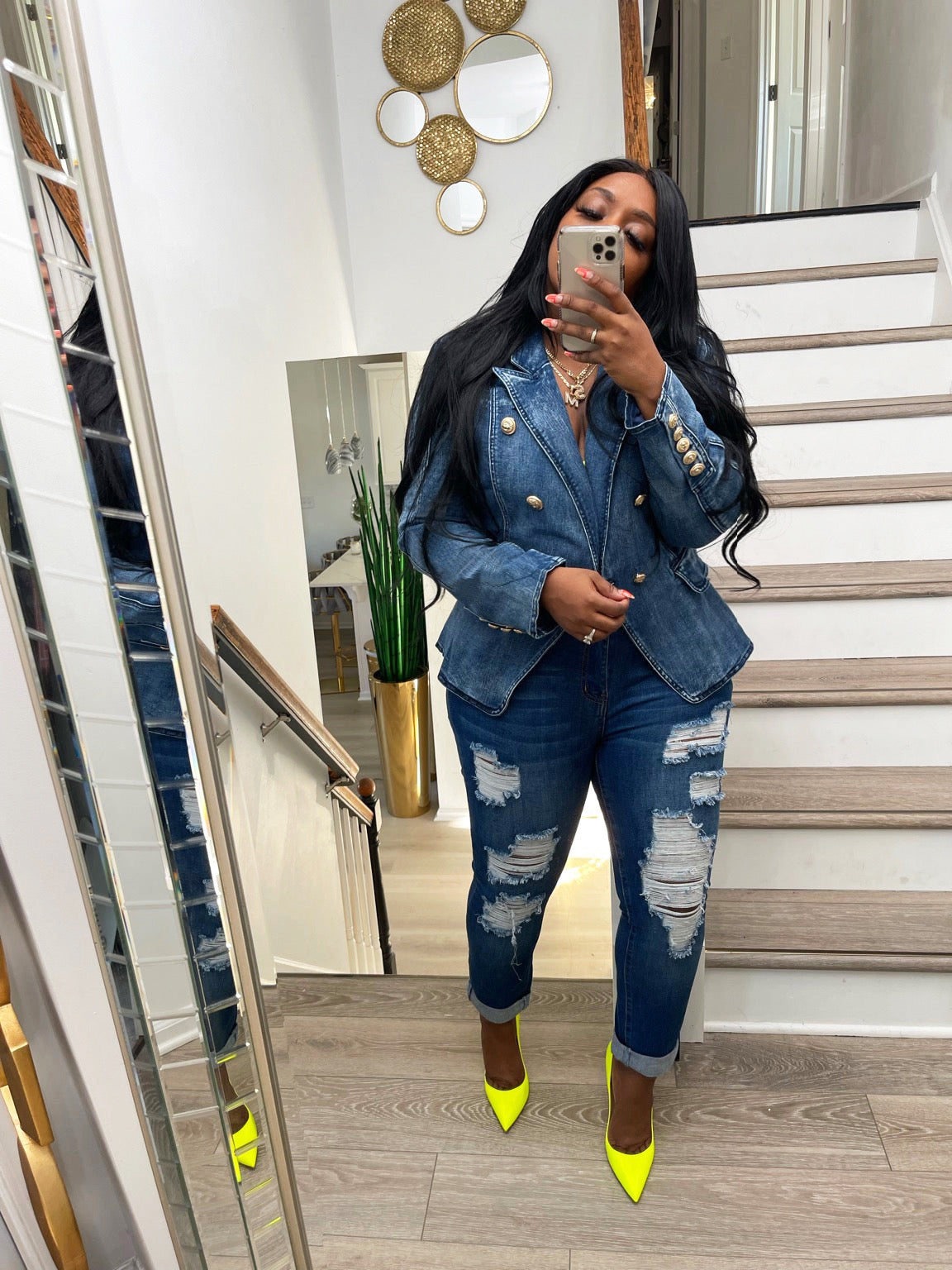 Schmaler, zweireihiger Denim-Blazer