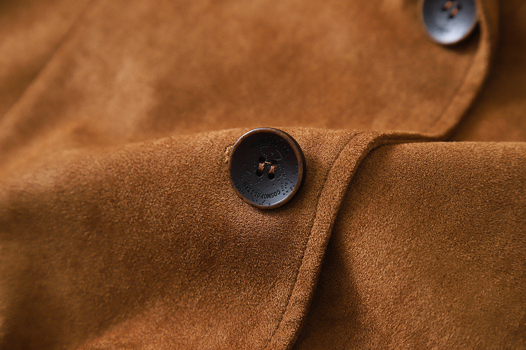 Mid-Length Suede Loose Blazer in Brown