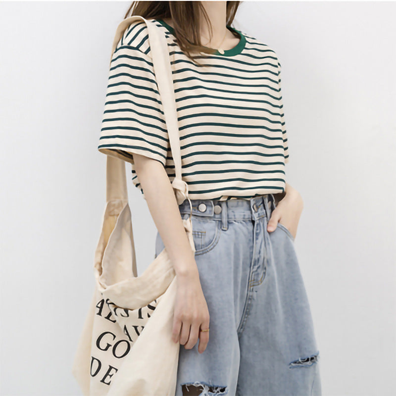 Green Striped Short Sleeve Loose Cotton T-Shirt for Women