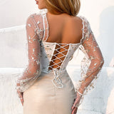Sexy Embroidered Sheer Mesh Corset Long-Sleeve Top