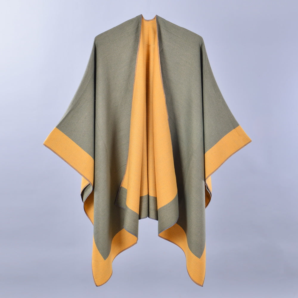 Double-Sided Frame Piping Shawl Green and Yellow