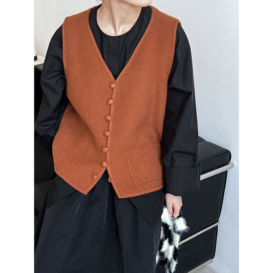 Einfarbige Pulloverweste mit Retro-Taschenschnalle und V-Ausschnitt für Damen