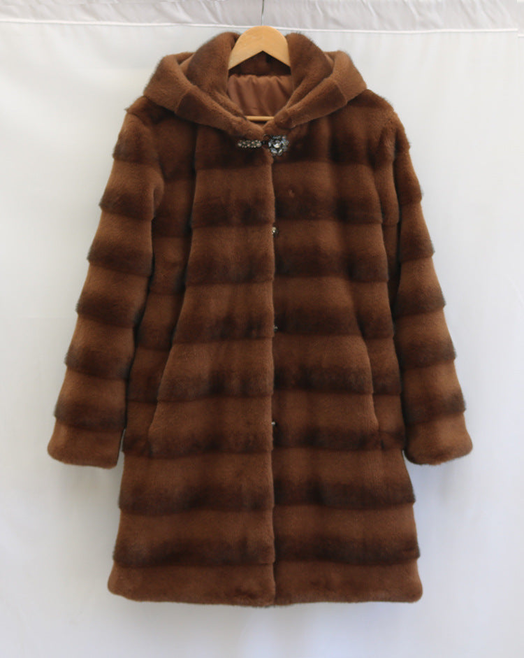Women’s Artificial Mink Hair Fur Coat – Mid-Length Hooded Casual Warm Plus Size
