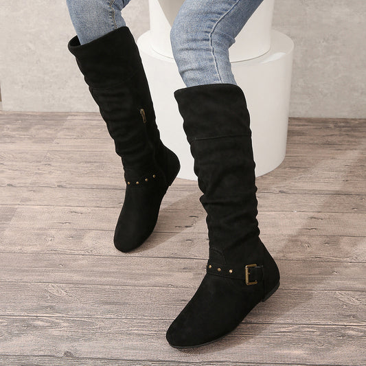 Schwarze Retro-Stiefel mit dicker Ferse und Gürtelschnalle