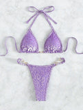 Maillot de bain bikini à bretelles en T motif léopard perlé