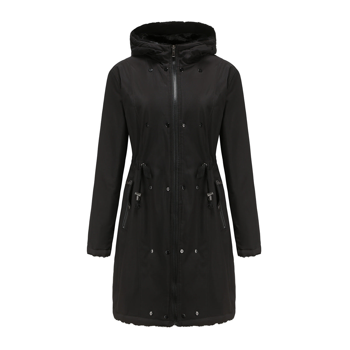 Mid-Length Padded Parka with Fur Collar