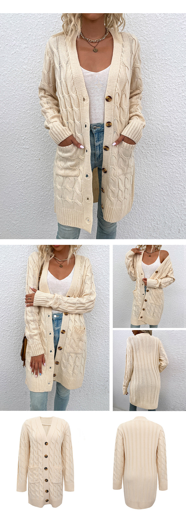 Langer Zopfmuster-Cardigan mit Knöpfen