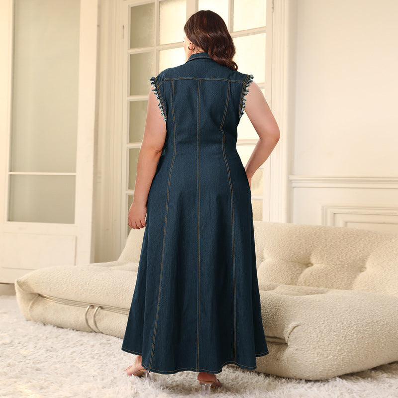 Plus Size Denim Button Cardigan Maxi Dress
