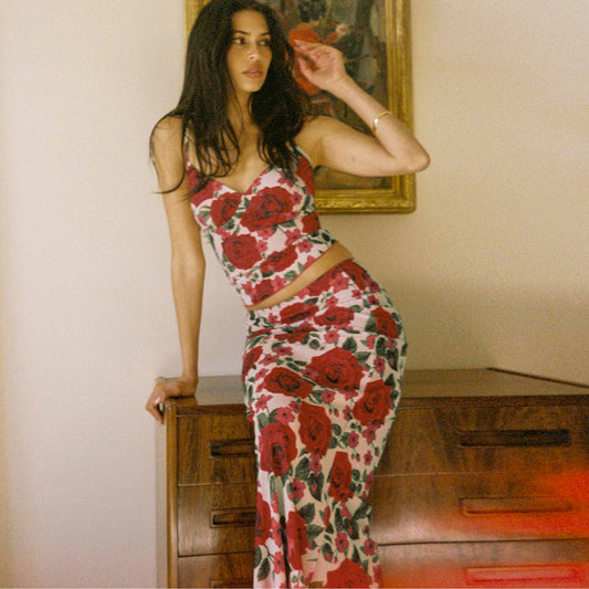 Floral V Neck Sling Skirt Set