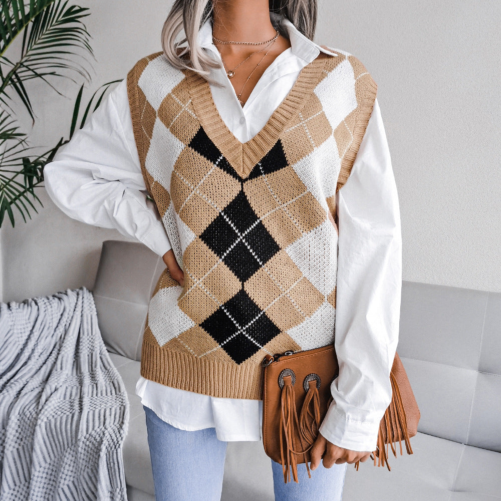 College Rhombus V-Ausschnitt Lässiger lockerer Strickwestenpullover für Damen