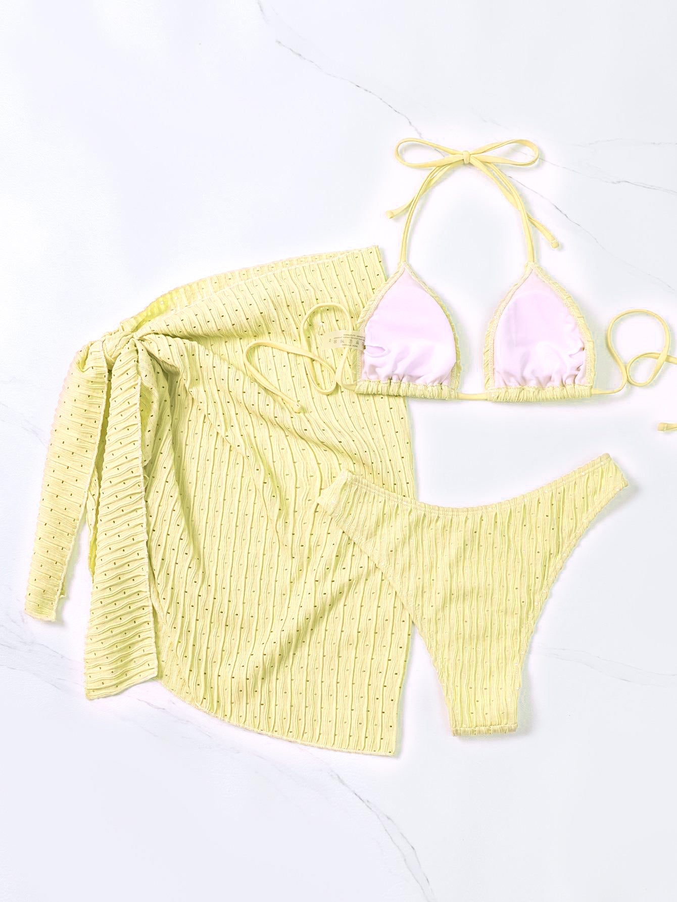 Ensemble bikini trois pièces dos nu à lacets