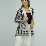 Cardigan châle tricoté à carreaux et pompons pour femme