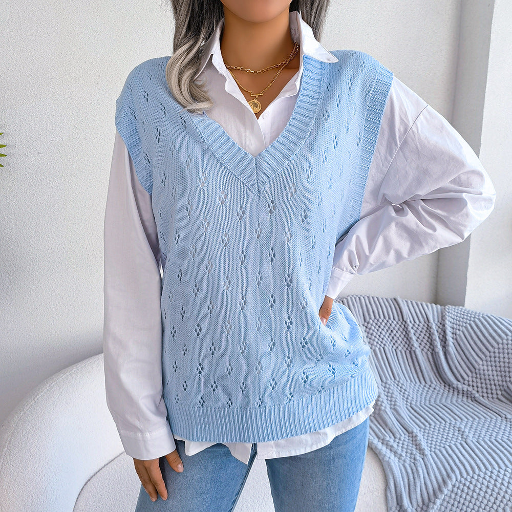 Lässiger Strickwestenpullover mit ausgehöhlten Ausschnitten und V-Ausschnitt für Damen