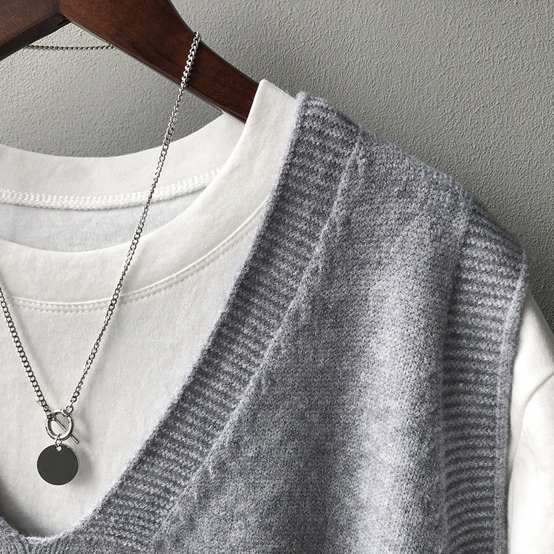Frühlings-Preppy-V-Ausschnitt, lockere, ärmellose Strickweste für Damen