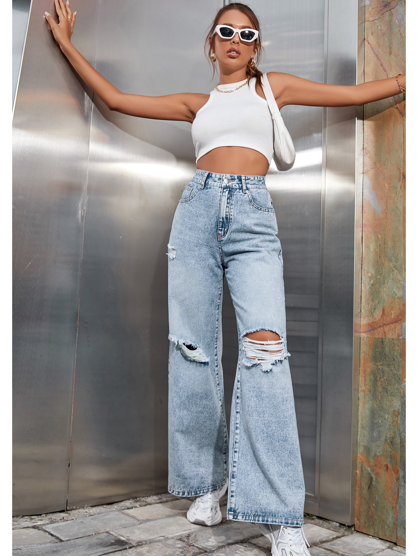 High Waist Wide Leg Distressed Jeans