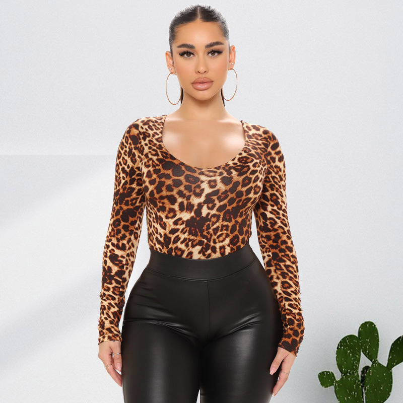 Leopard Print Long Sleeve Jumpsuit for Plus Size