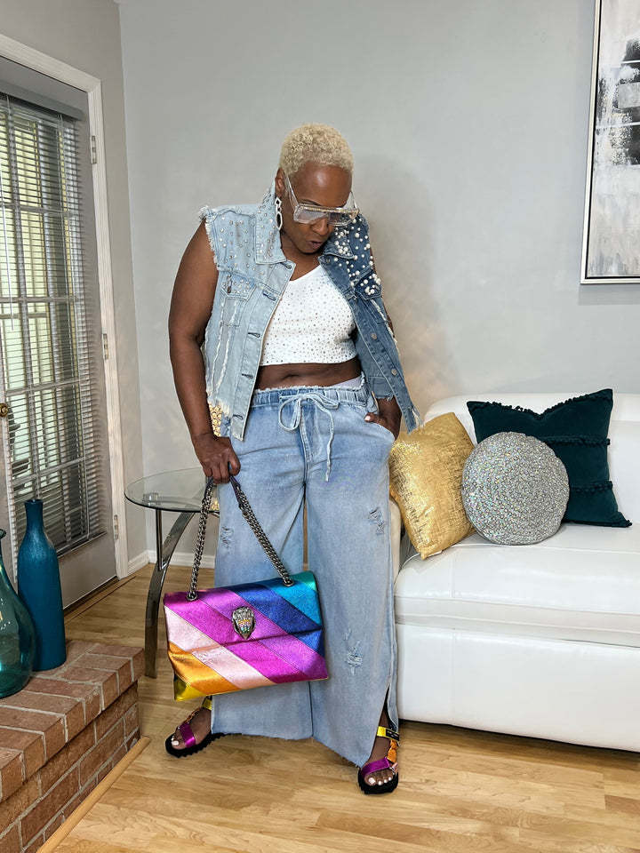 Jeansweste mit Perlen-Patchwork