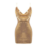 Mini-robe de soirée dorée à paillettes et col en V