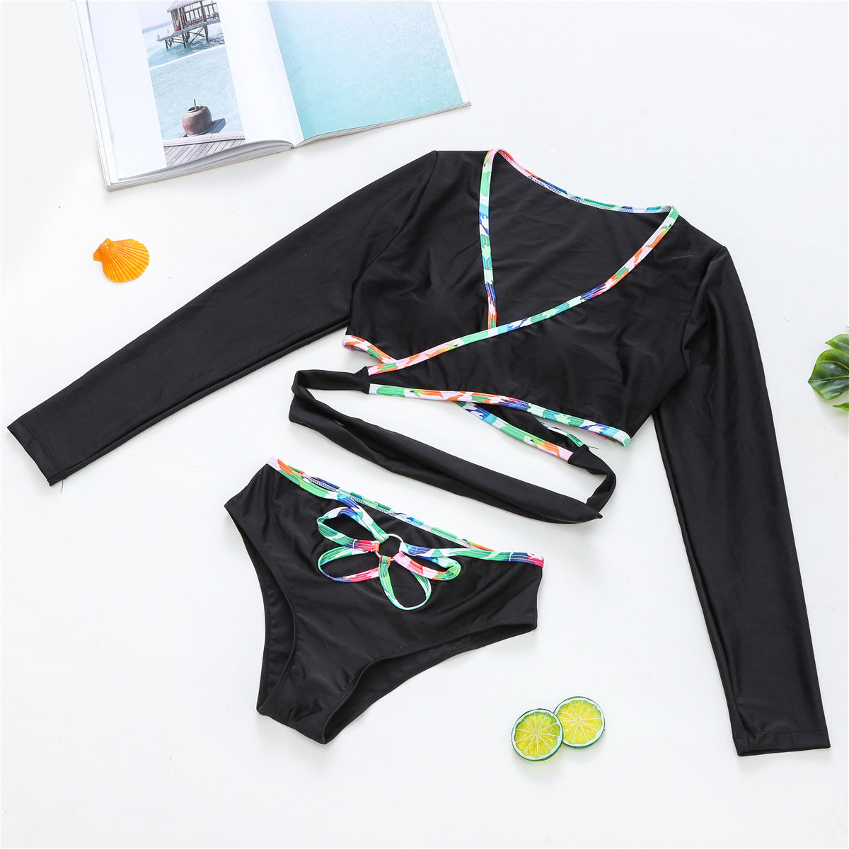 Solid Color Long Sleeve Cutout Ring Tie Bikini Swimsuit