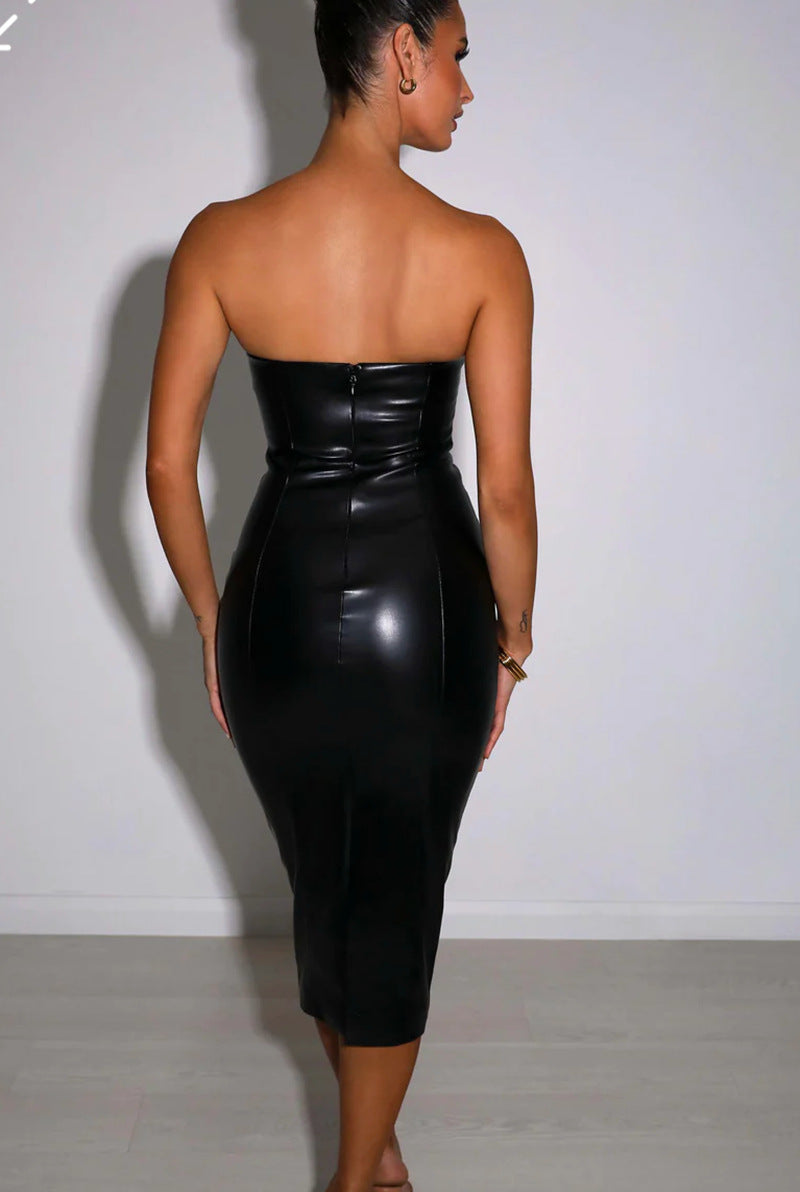 Solid Color Faux Leather Sexy Tube Top Cinched Waist Sheath Dress