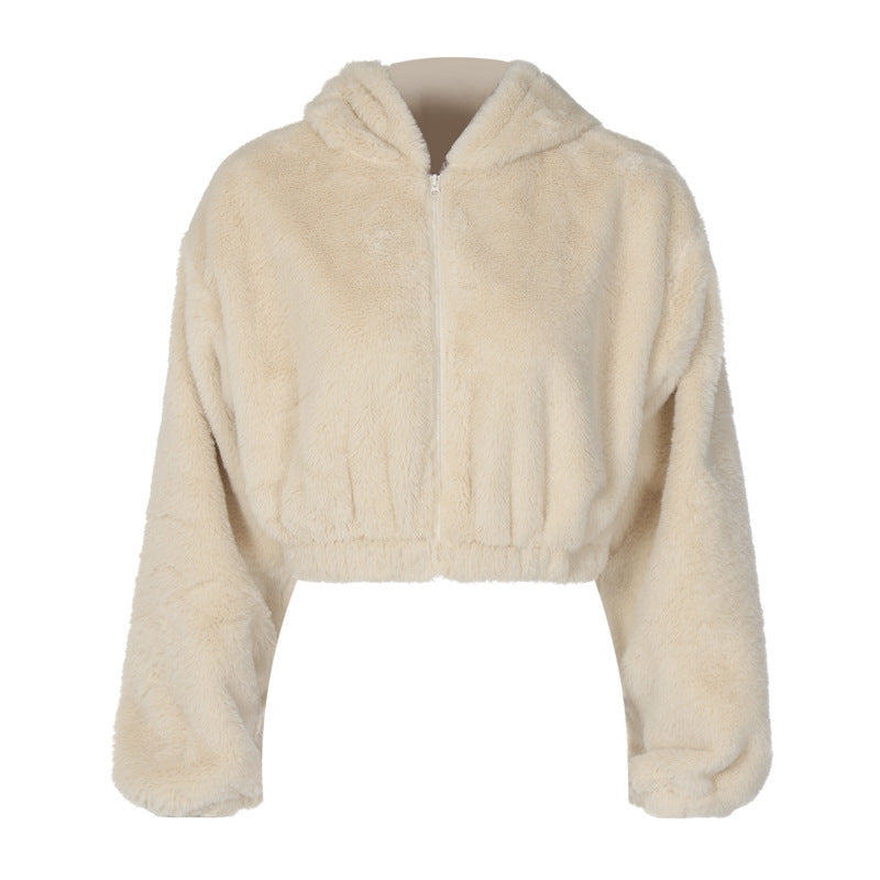 Plüsch-Strickjacke mit Kapuze und Reißverschluss für Damen