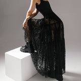 Black High Waist Lace Office See through Skirt Dress