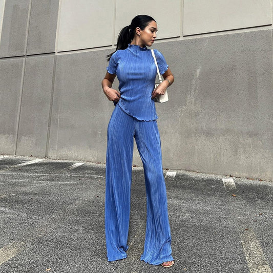High Waist Blue Wide Leg Pants Suit