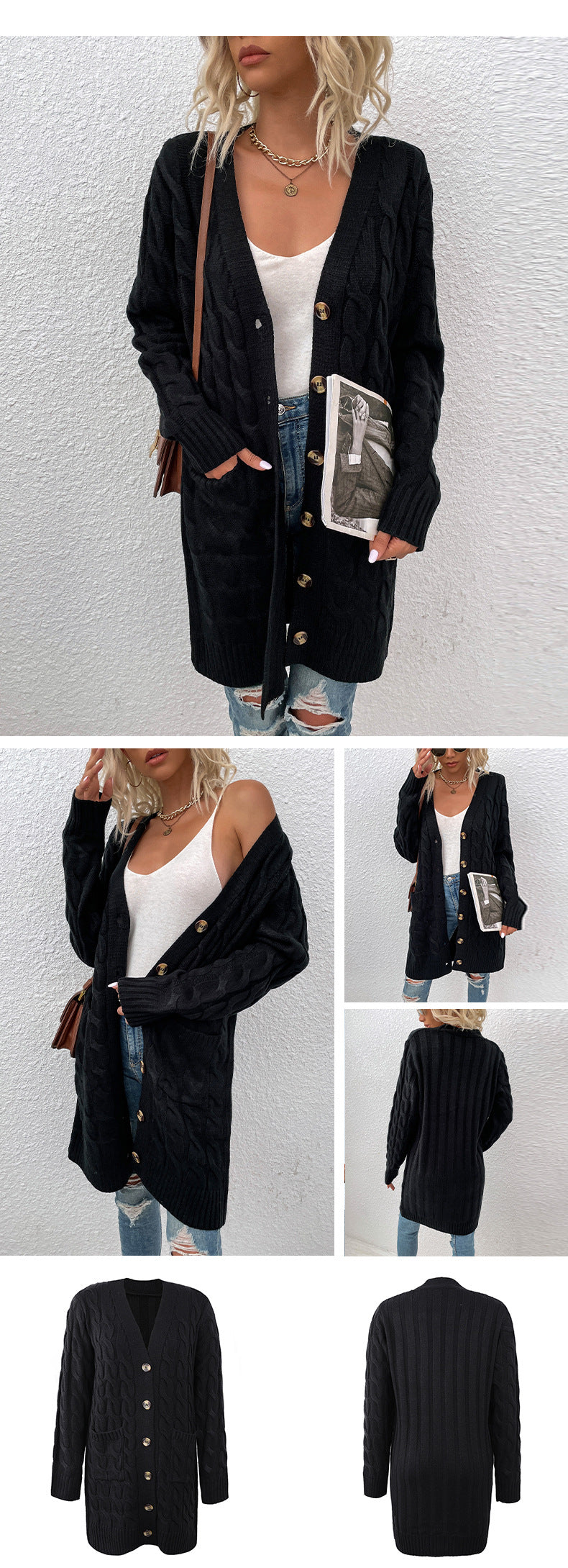 Langer Zopfmuster-Cardigan mit Knöpfen