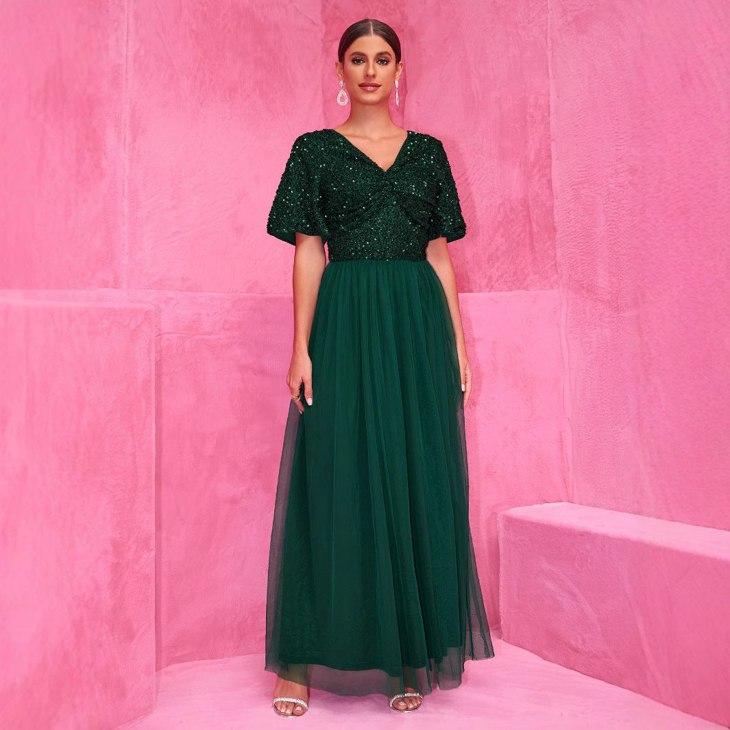 Elegant Sequin Double V-Neck Tulle A-Line Dress