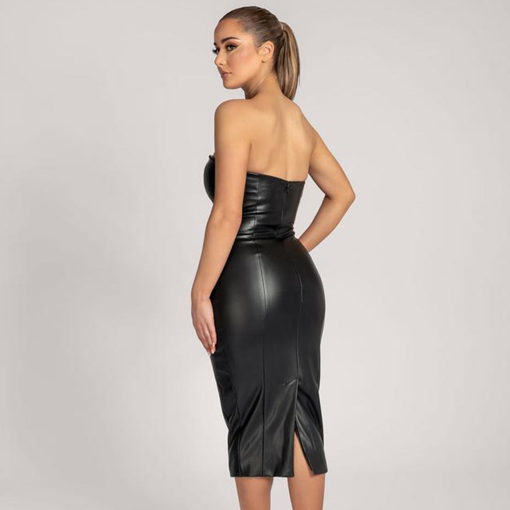 Solid Color Faux Leather Elegant Slim-Fit Tube Top Back Slit Sexy Midi Dress